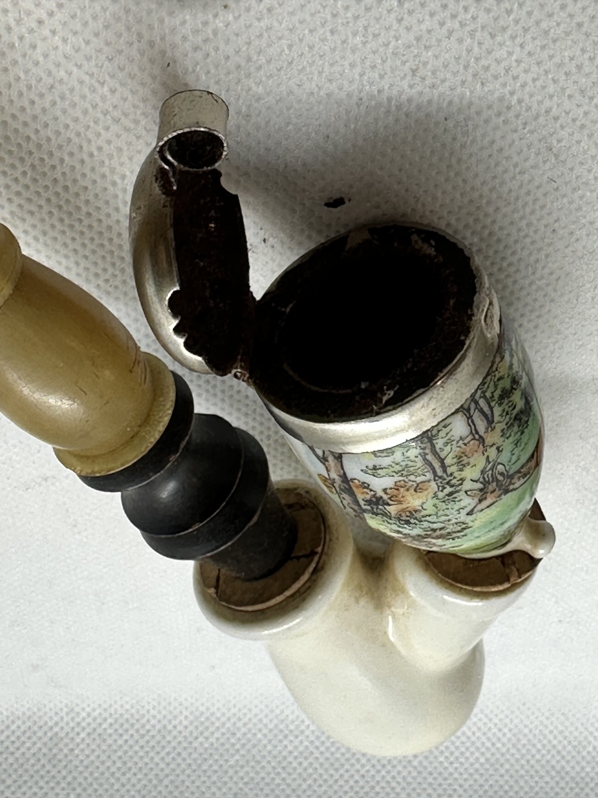 Antike Gesteckpfeife mit zwei Porzellanköpfen Jagdmotiv (Reh, Auerhahn)