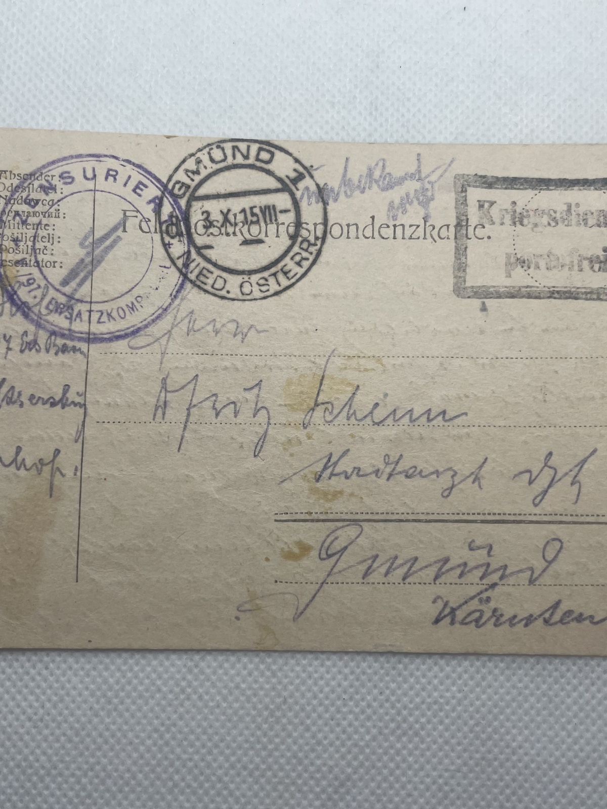 Feldpost Korrespondenzkarte mit Zensurstempel von 1915