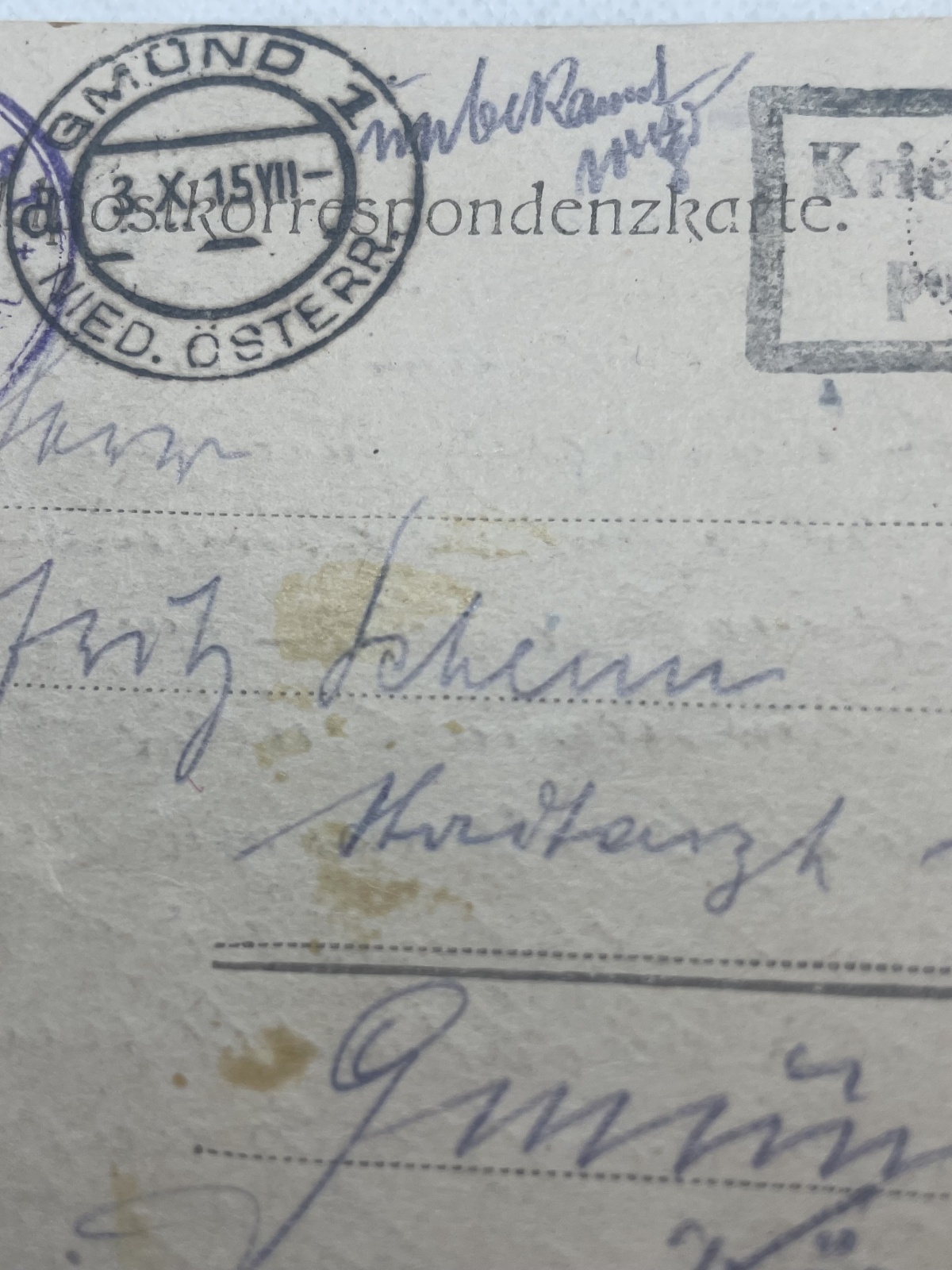 Feldpost Korrespondenzkarte mit Zensurstempel von 1915