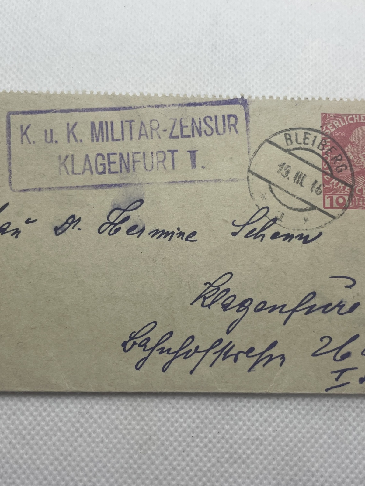 Briefkarte mit K.u.K.Militär-Zensur Klagenfurt 1916