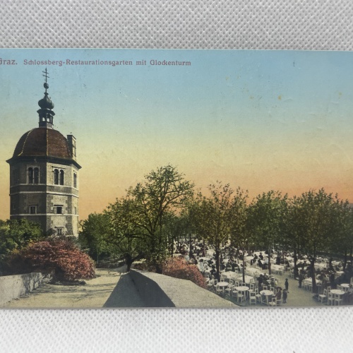 AK Graz Schlossberg-Restaurationsgarten mit Glockenturm 1912