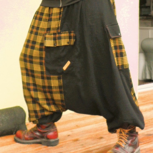 Haremshose Aladinhose Pluderhose Unisex Einheitsgröße Schwarz/gelb kariert