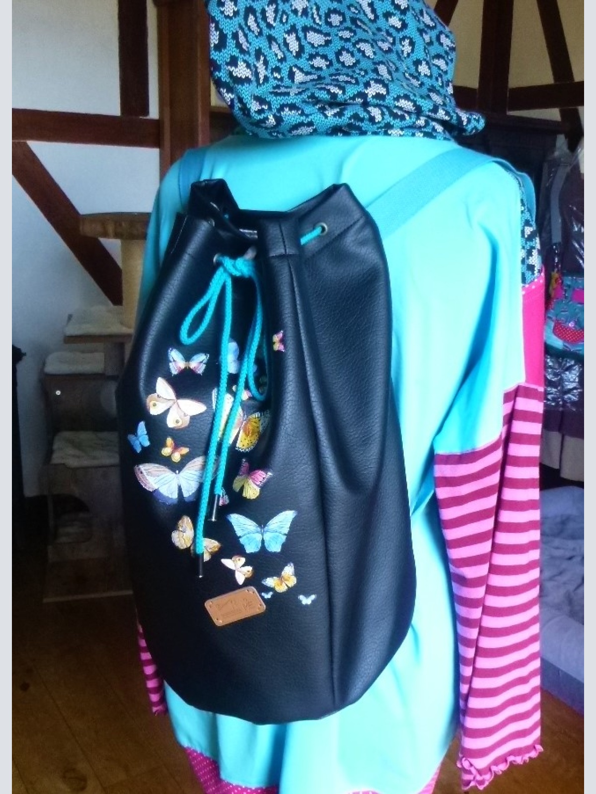 Seesack Rucksack schwarzes Kunstleder mit Schmetterlinge