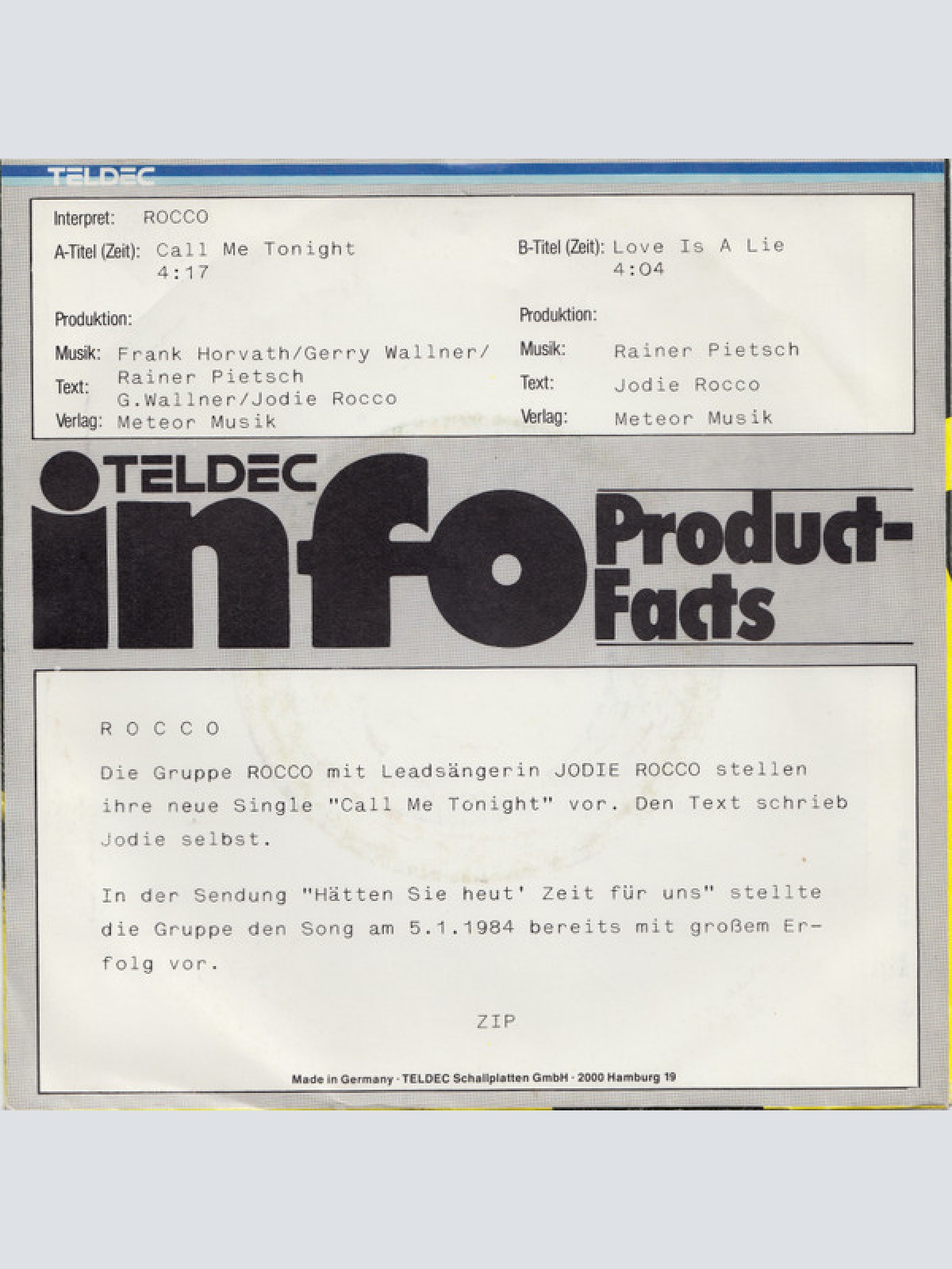 Vinyl / Rocco* - Call Me Tonight