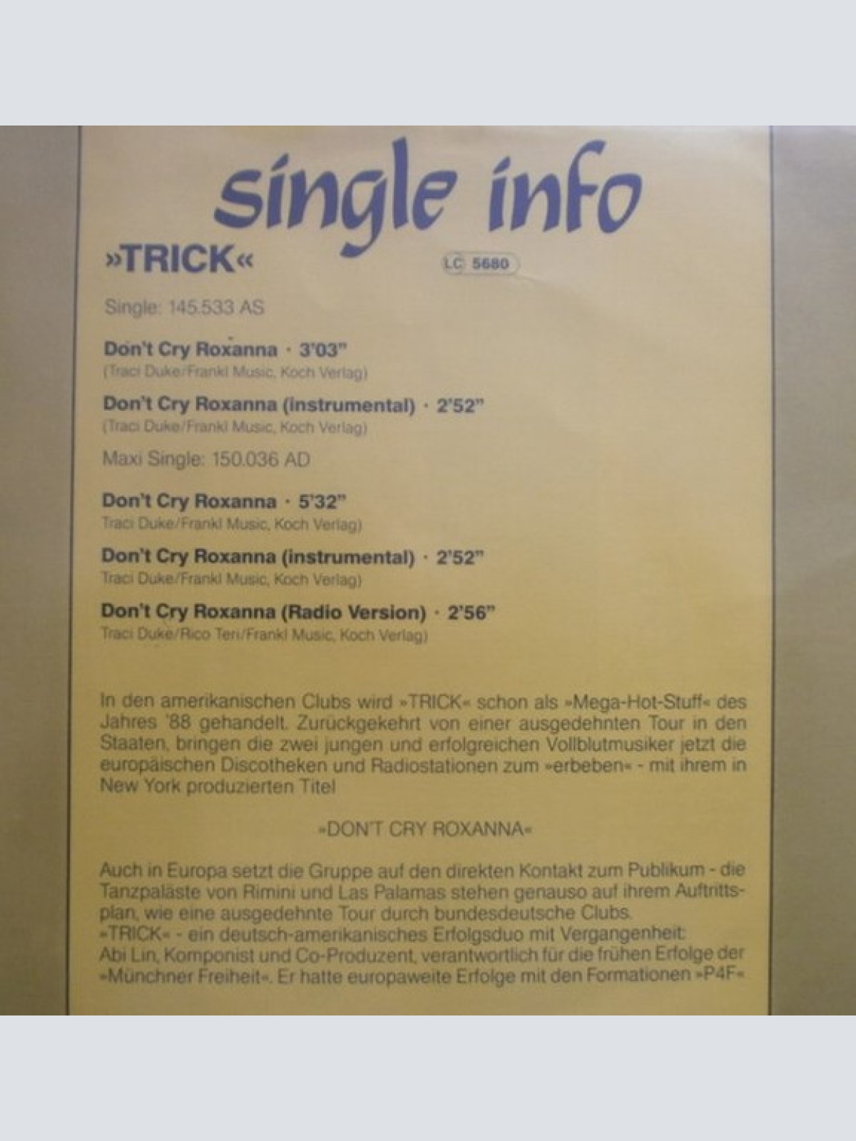 Vinyl / Trick (5) - Don't Cry Roxanna