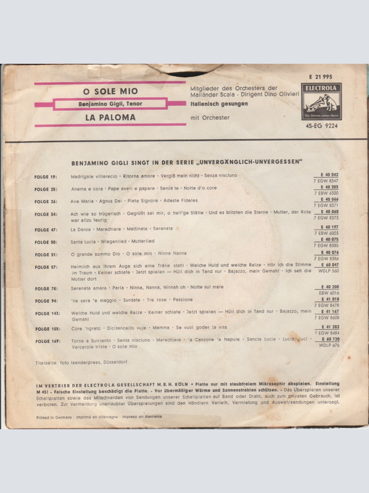 Vinyl / Benjamino Gigli* - O Sole Mio