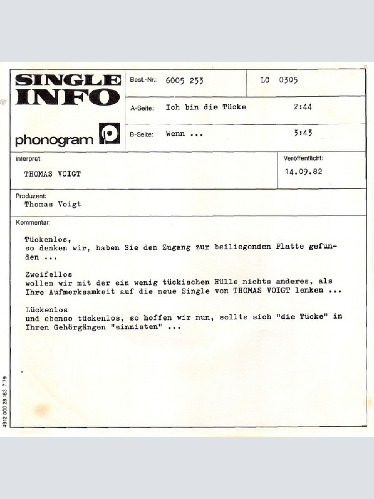 Vinyl / Thomas Voigt - Ich Bin Die Tücke