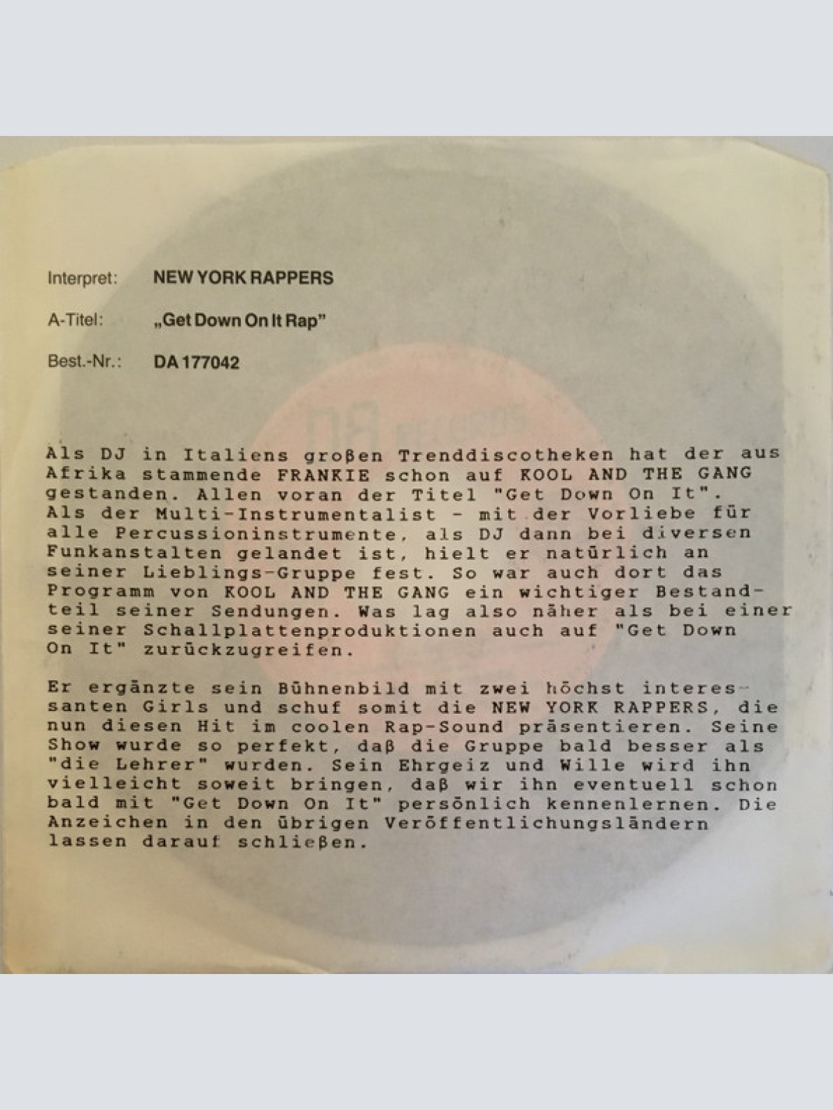 Vinyl / New York Rappers - Get Down On It Rap