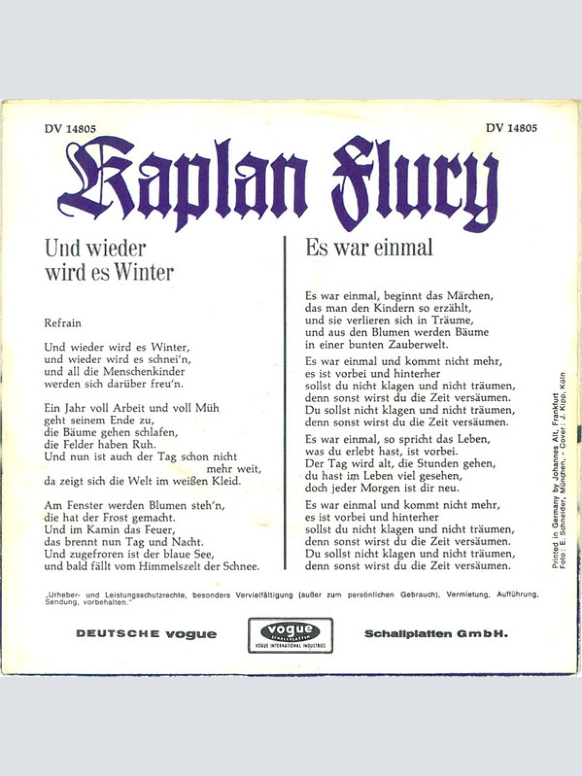 Vinyl / Kaplan Flury - Und Wieder Wird Es Winter / Es War Einmal