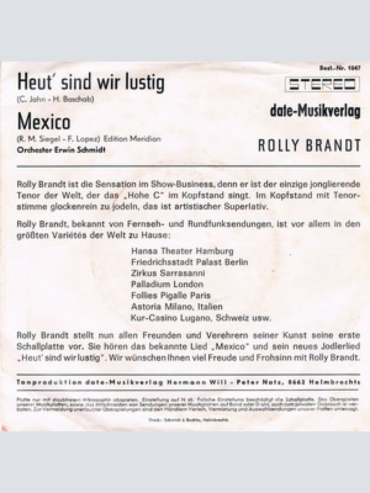 Vinyl / Rolly Brandt - Heut' Sind Wir Lustig