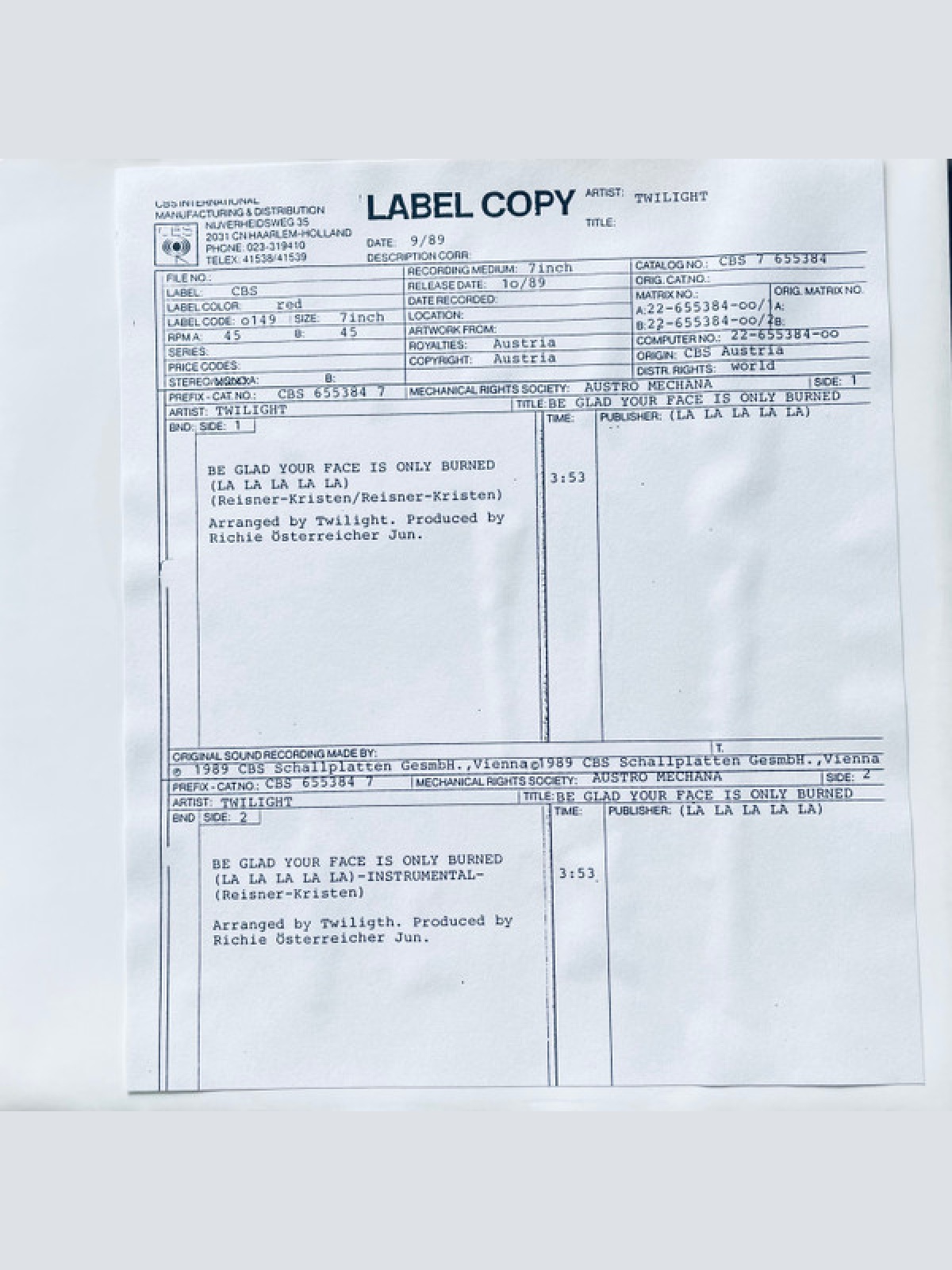 Vinyl / Twilight (49) - Be Glad Your Face Is Only Burned