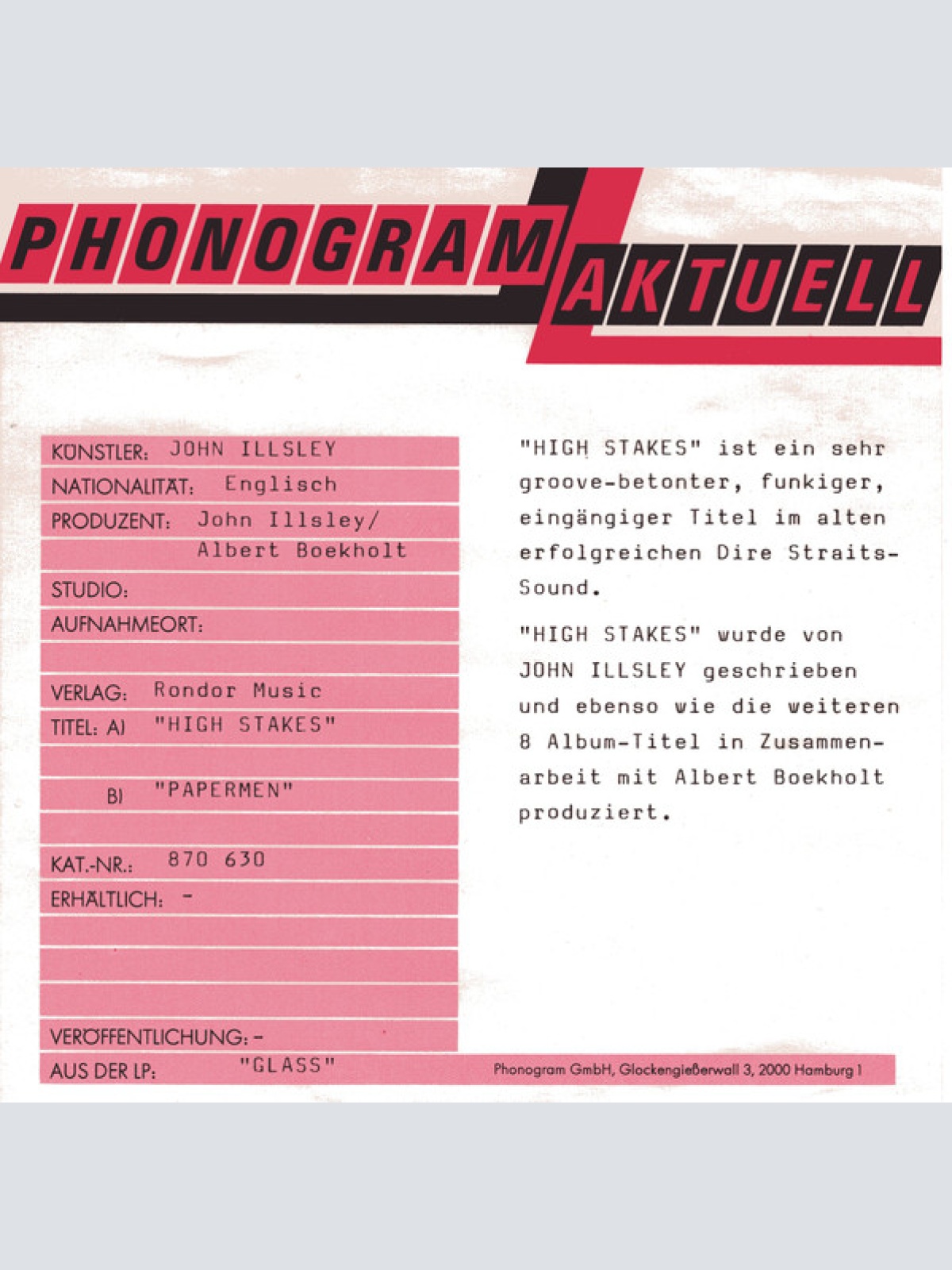 Vinyl / John Illsley - High Stakes / Papermen