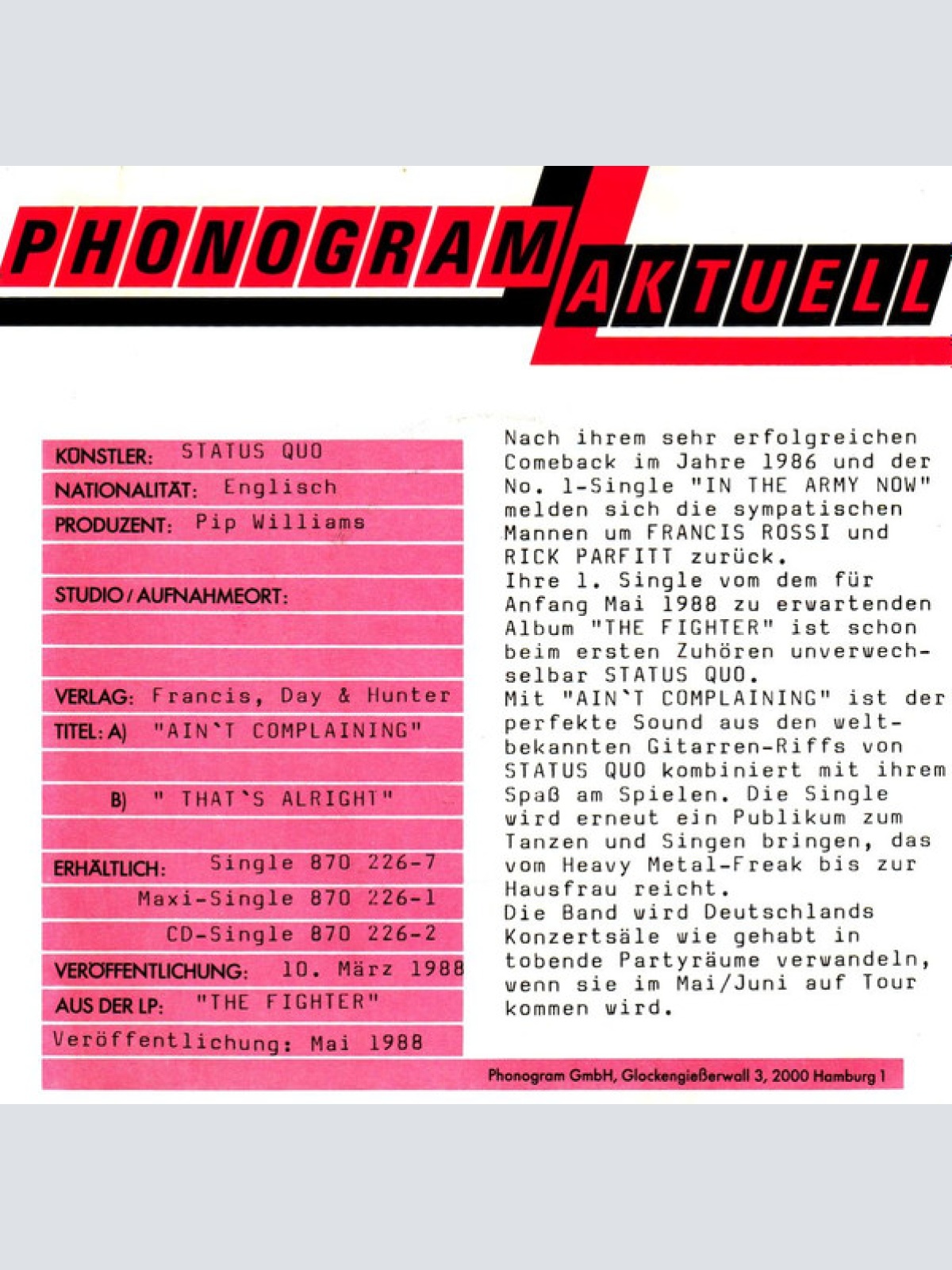 Vinyl / Status Quo - Ain't Complaining