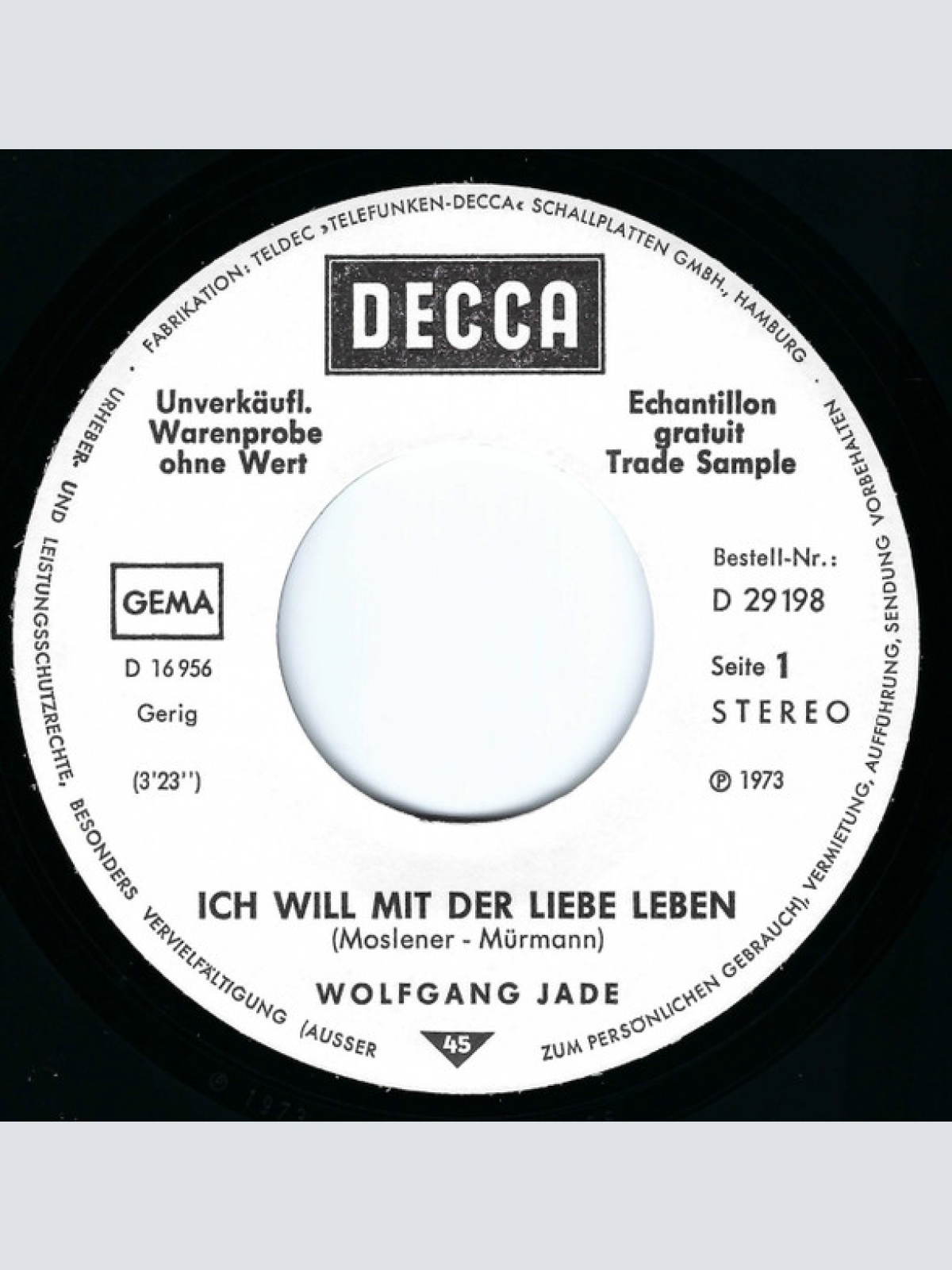 Vinyl / Wolfgang Jade - Ich Will Mit Der Liebe Leben