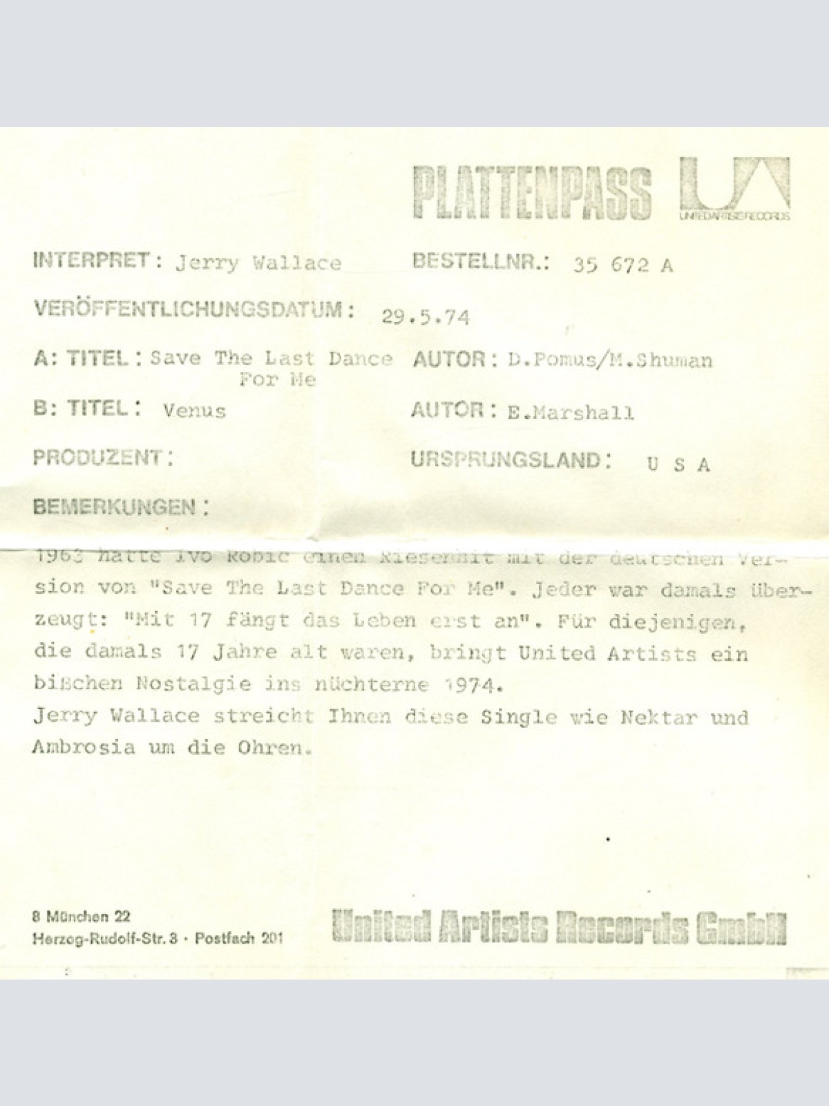 Vinyl / Jerry Wallace - Save The Last Dance For Me / Venus