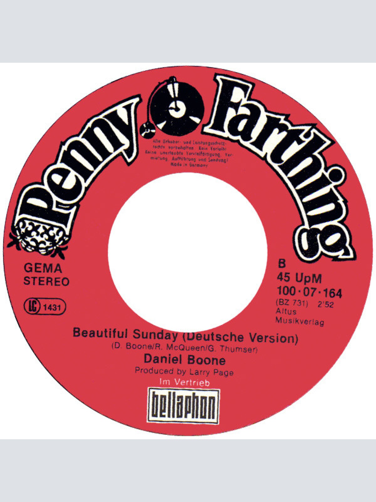 Vinyl / Daniel Boone - Beautiful Sunday / Beautiful Sunday (Deutsche Version)