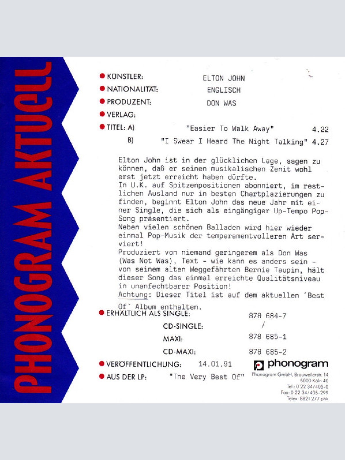 Vinyl / Elton John - Easier To Walk Away