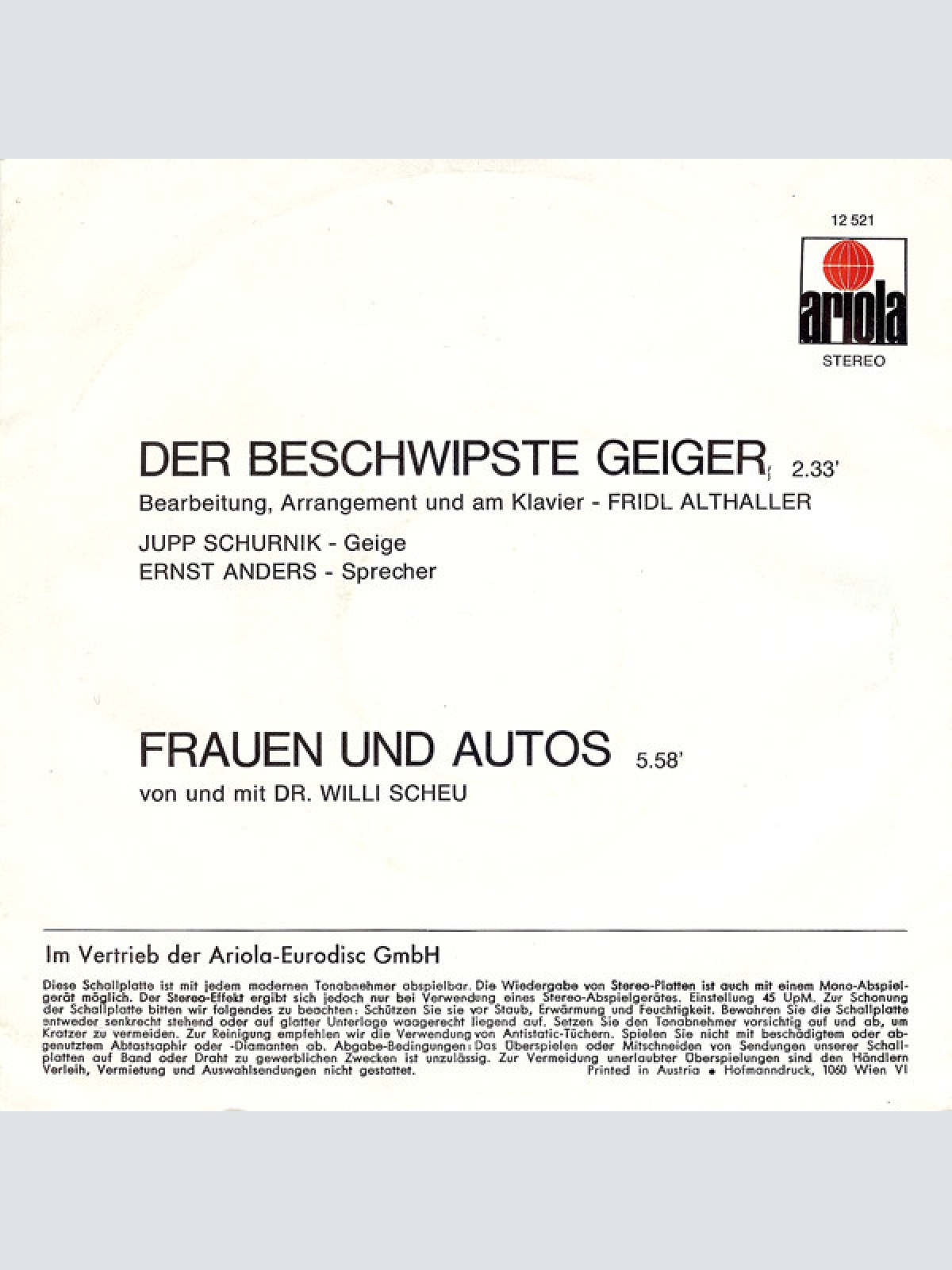 Vinyl / Various - Dr. Willi Scheu Über Frauen Und Autos