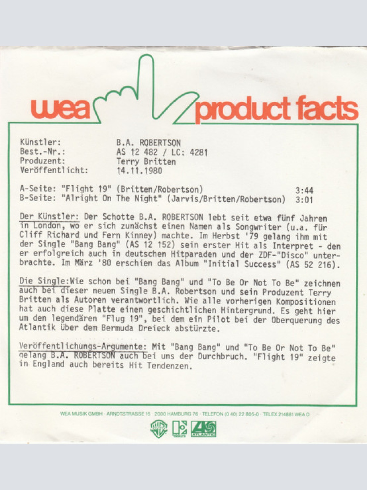 Vinyl / B. A. Robertson - Flight 19