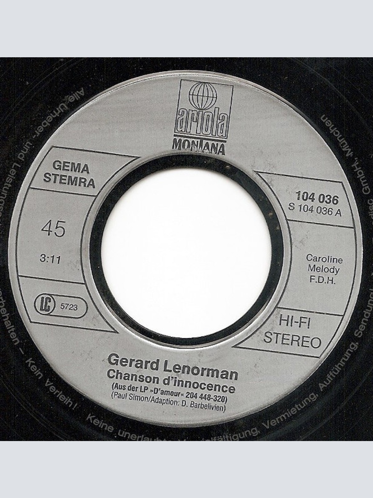 Vinyl / Gérard Lenorman - Chanson D'Innocence