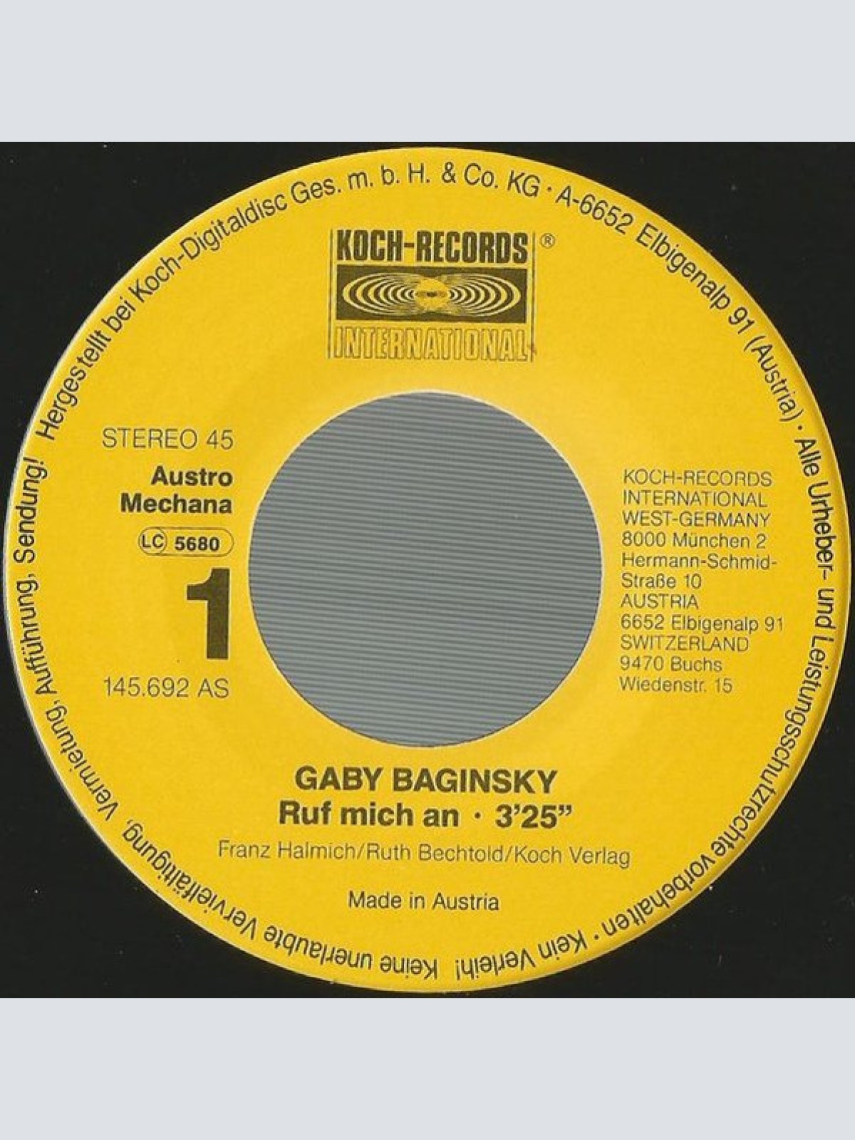 Vinyl / Gaby Baginsky - Ruf Mich An