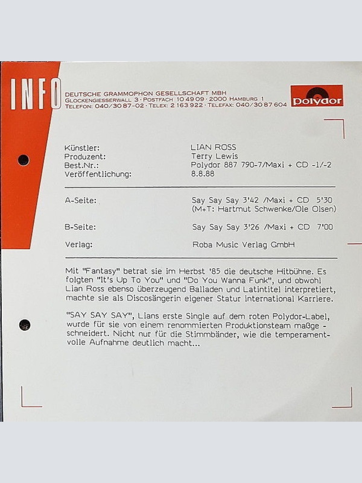 Vinyl / Lian Ross - Say Say Say