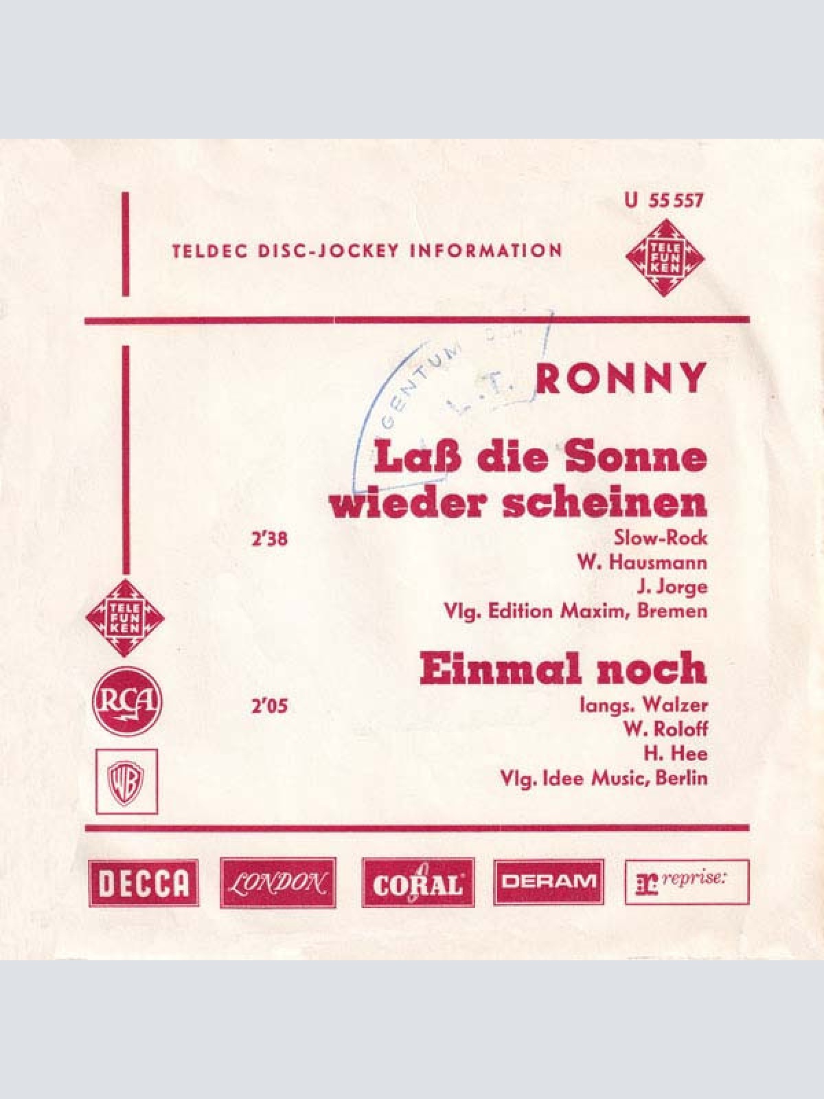 Vinyl / Ronny (4) - Laß Die Sonne Wieder Scheinen / Einmal Noch
