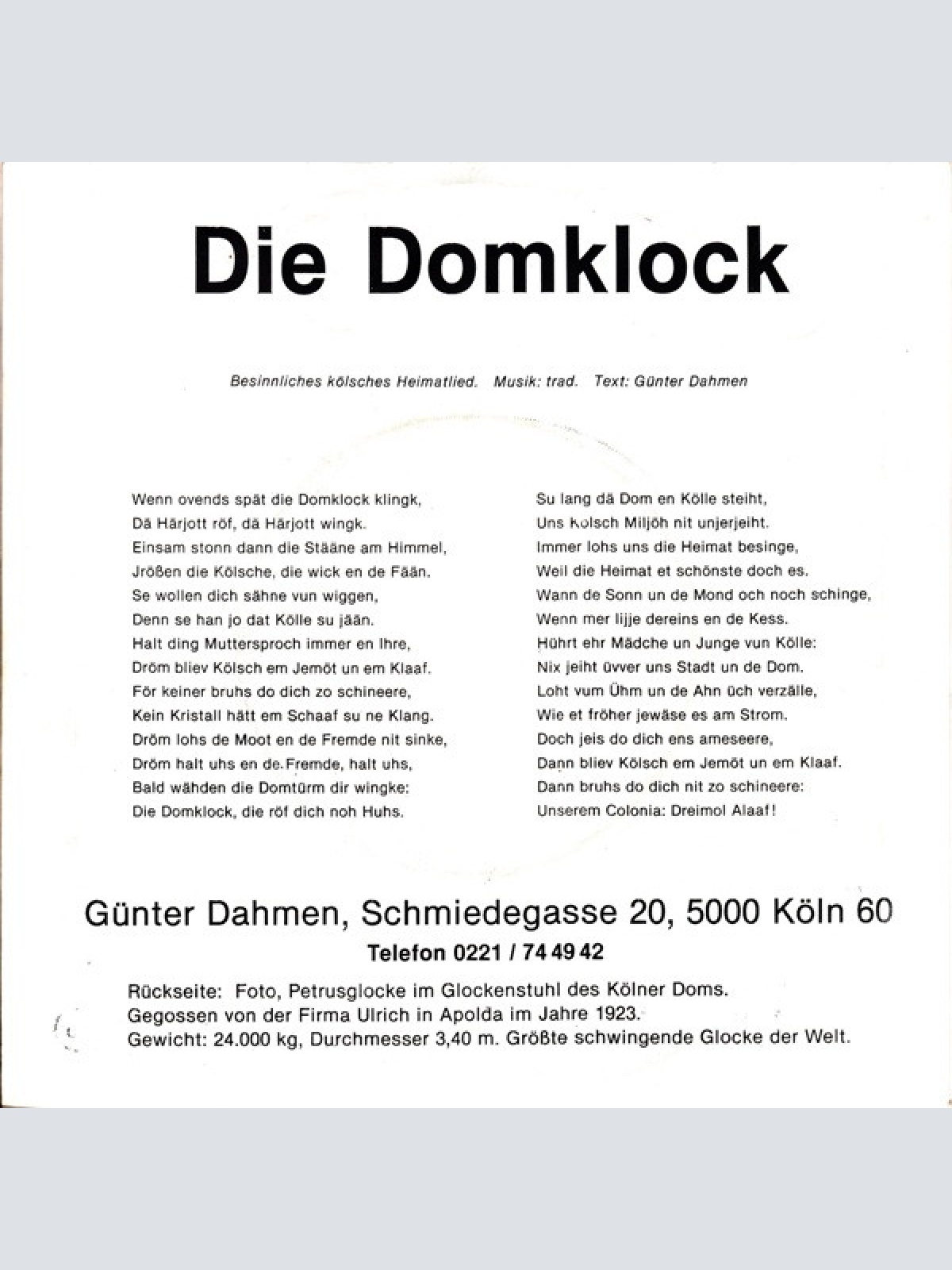 Vinyl / Günter Dahmen - Die Domklock
