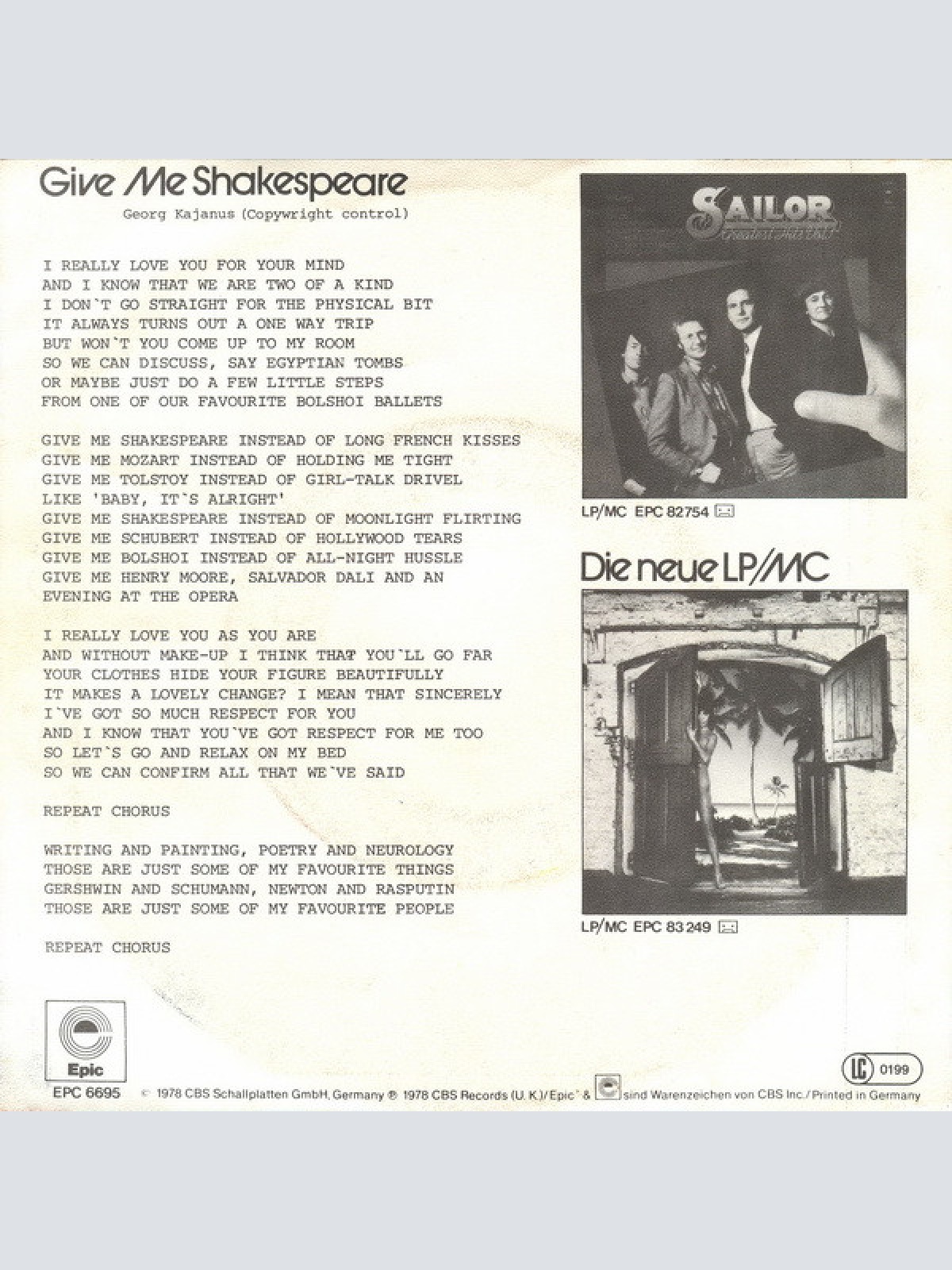Vinyl / Sailor - Give Me Shakespeare
