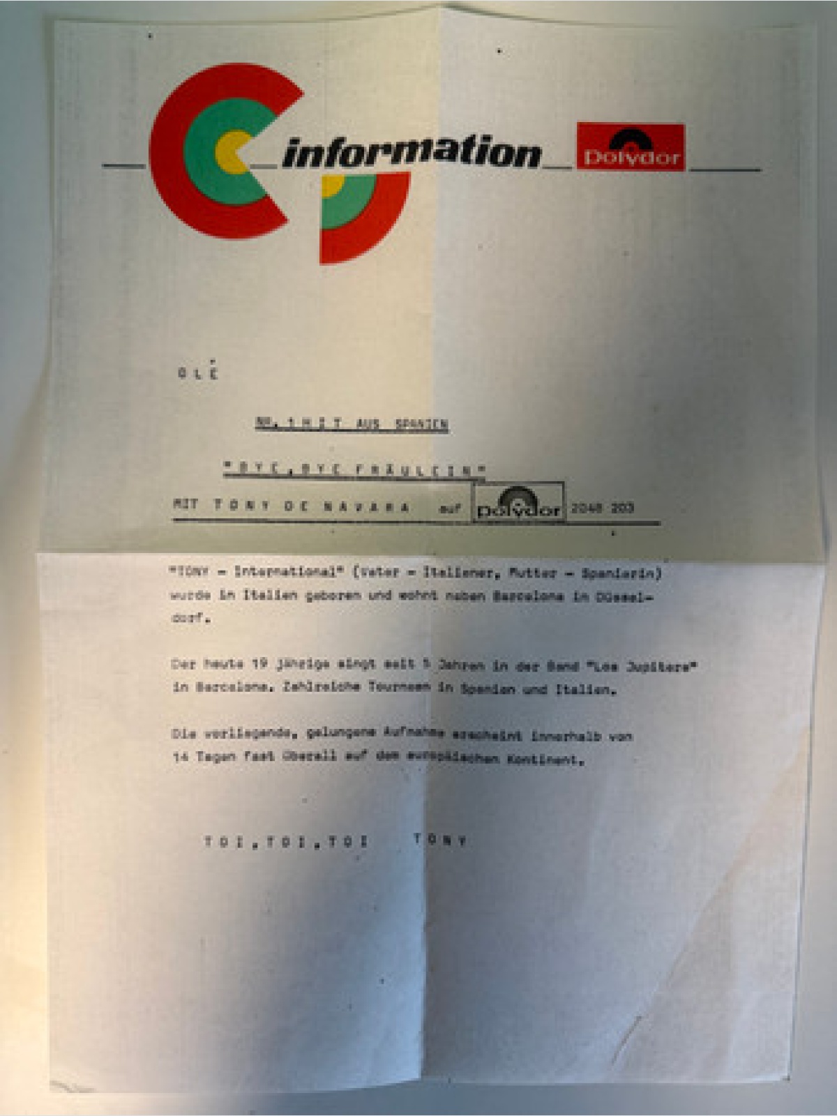 Vinyl / Tony De Navara - Bye, Bye Fräulein