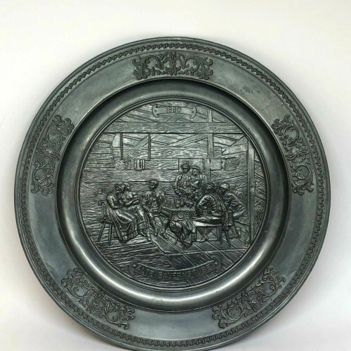 Zinnteller Wandteller Bauernstube 1880 Relief 27 cm 600 g alte Zinnmarke 50009