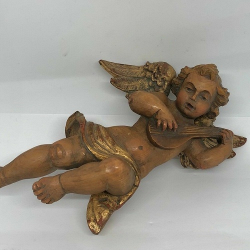 Holzengel Musikinstrument um 1950 oder früher Blattgold ca. 22 cm 25433