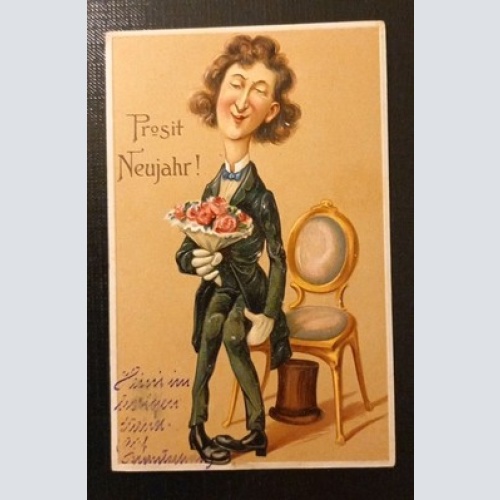 Prosit Neujahr Mann Im Anzug Und Brautstrauß Prägekarte Gr1 5566 J