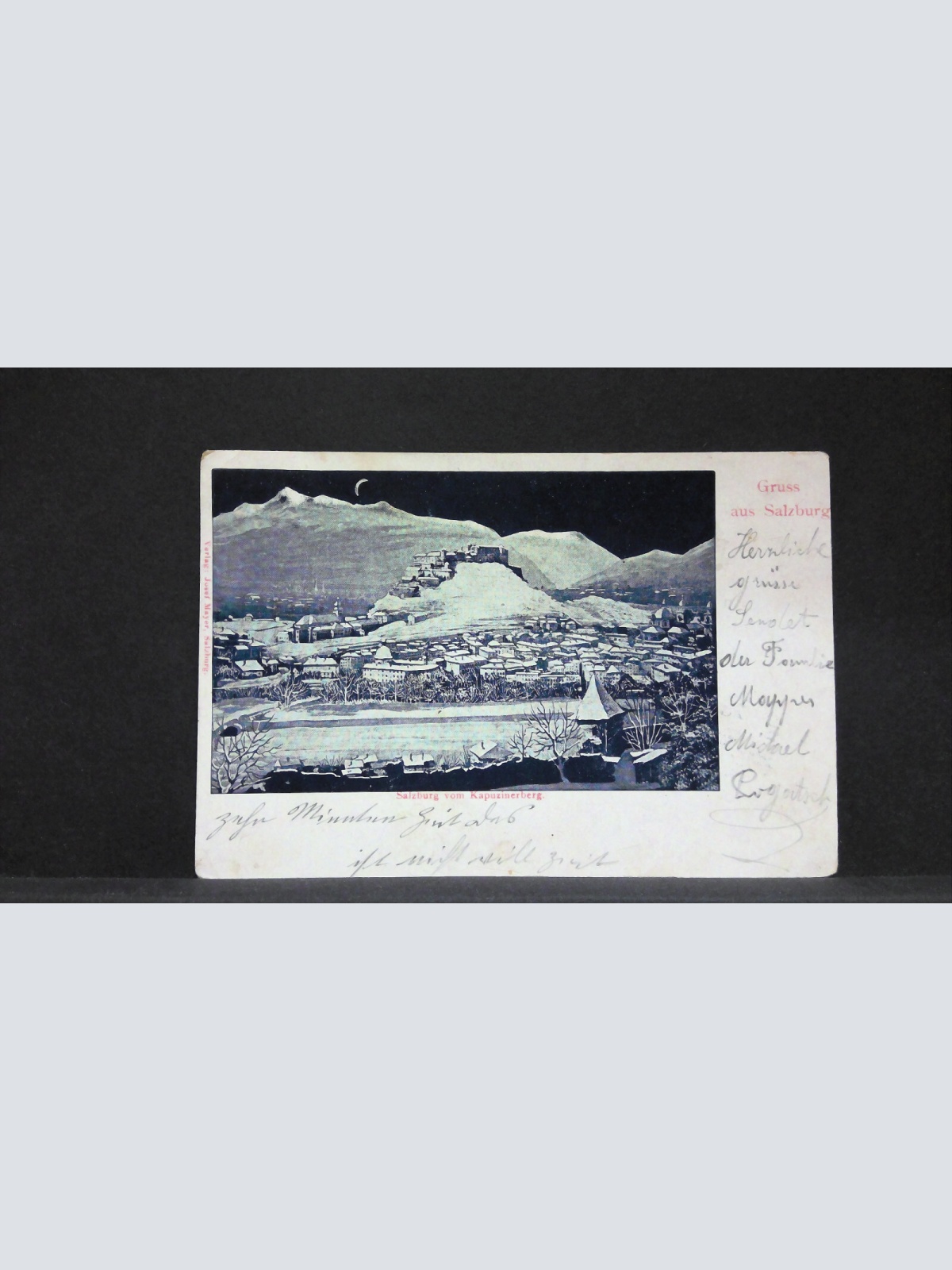 Salzburg vom Kapuzinerberg Winter Mond Schnee Zeichnung JW 6351