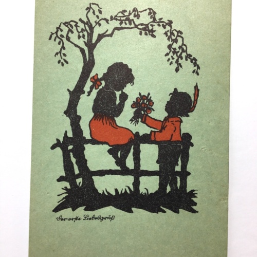 Der erste Liebesgruß - Junge schenkt Mädchen Blumen - Künstlerkarte 40202 TH