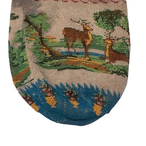 Perlenbeutel Antik 19 Jhdt.  Perlentasche Glasperlen Hirsch Hirsche ca 15x13 P1