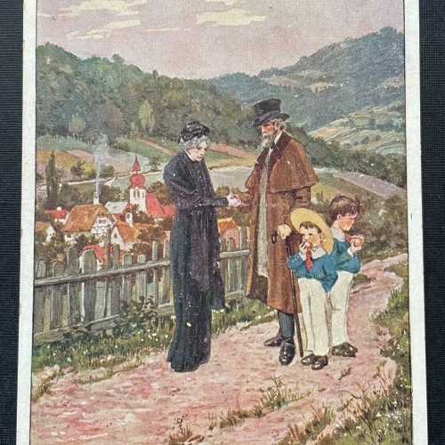Malerei Der Waldgänger A.Stifter Mann Frau Kinder Aussicht Ortschaft 400348 TH