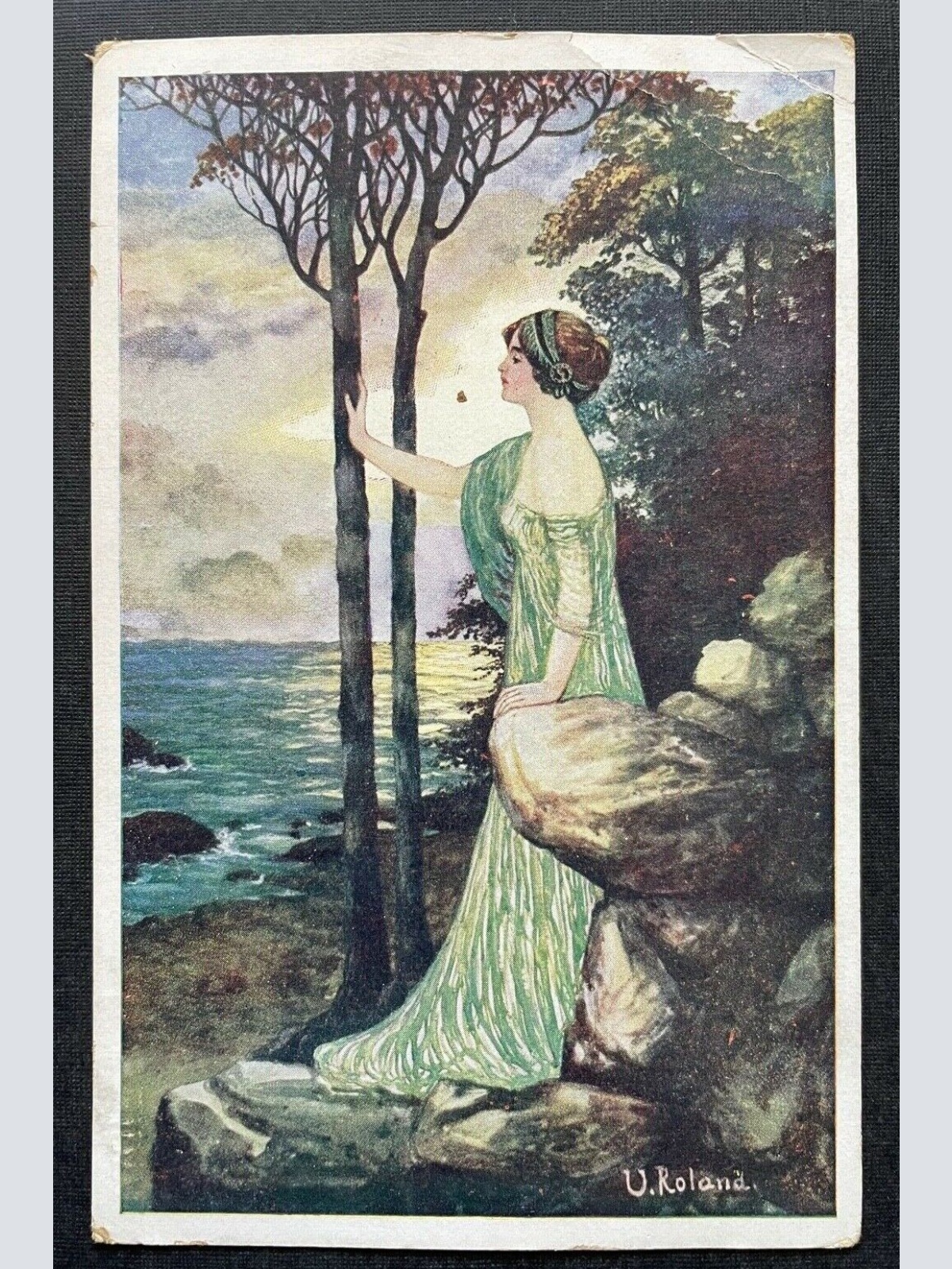 Malerei Erwartungsvoll U.Roland Frau Kleid Ufer Meer Baum Haarschmuck 400286 A