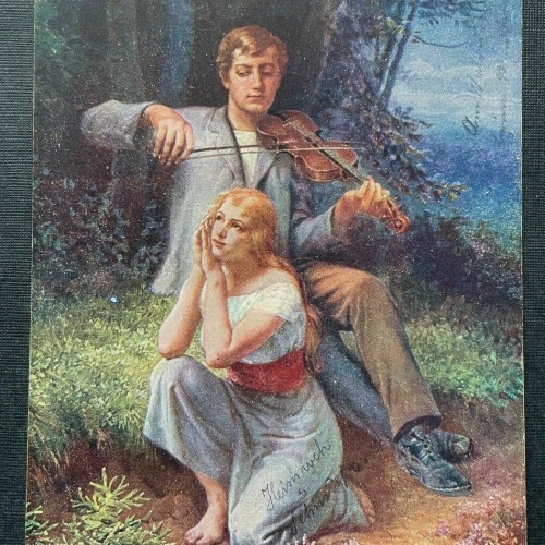 Malerei Heimweh Ad.Liebscher Frau Mann Musiker Geige Kleid Anzug Natur 400337 TH