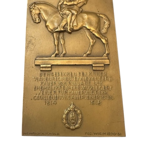 Bronze Plakette Ulanen Regiment Alexander II Österr.-Ungarn Heinrich K. Scholz