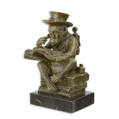 Bronze Skulptur auf Marmor Block Steampunk Affen Philosoph H 21,4 L 12 NLBX-17