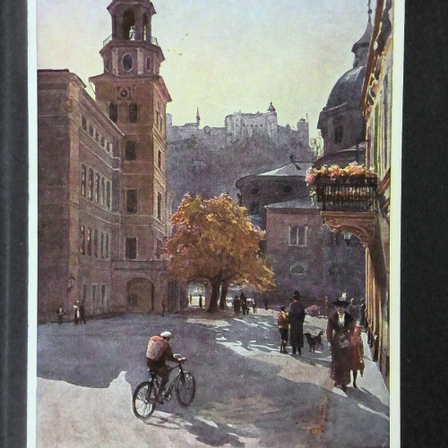 Salzburg Glockenspiel und Hauptwache Radfahrer Zeichnung Künstlerkarte JW165745