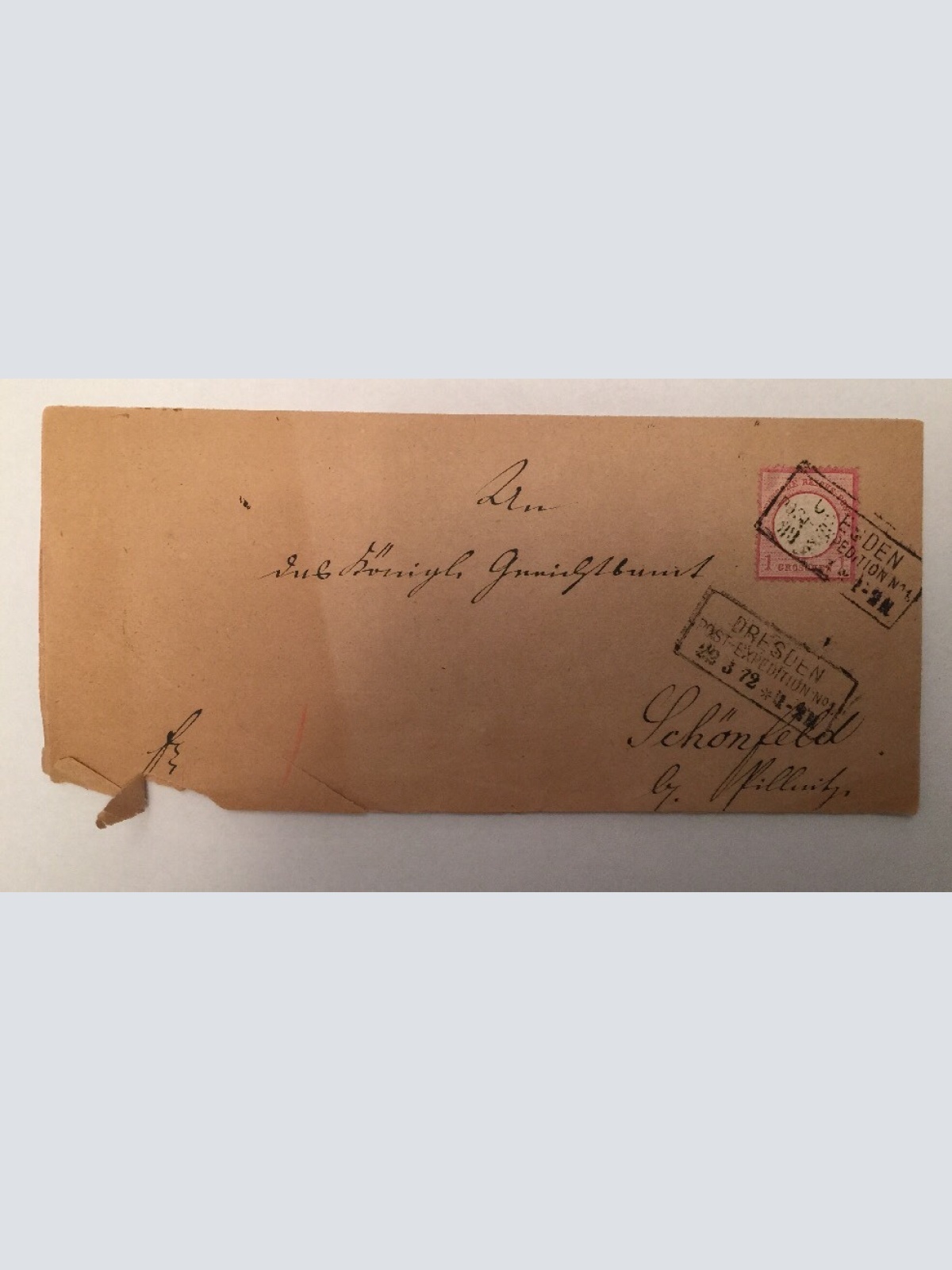 Dt. Reich 1872 königl. Gerichtssache Dresden Schönfeld Siegel 17.8x8 cm 14496