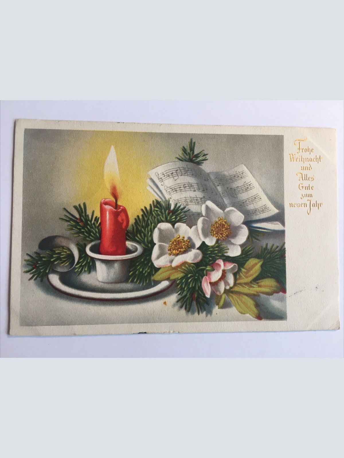 Glückwunsch Weihnachtskarten. Gesteck und Notenheft. 641.