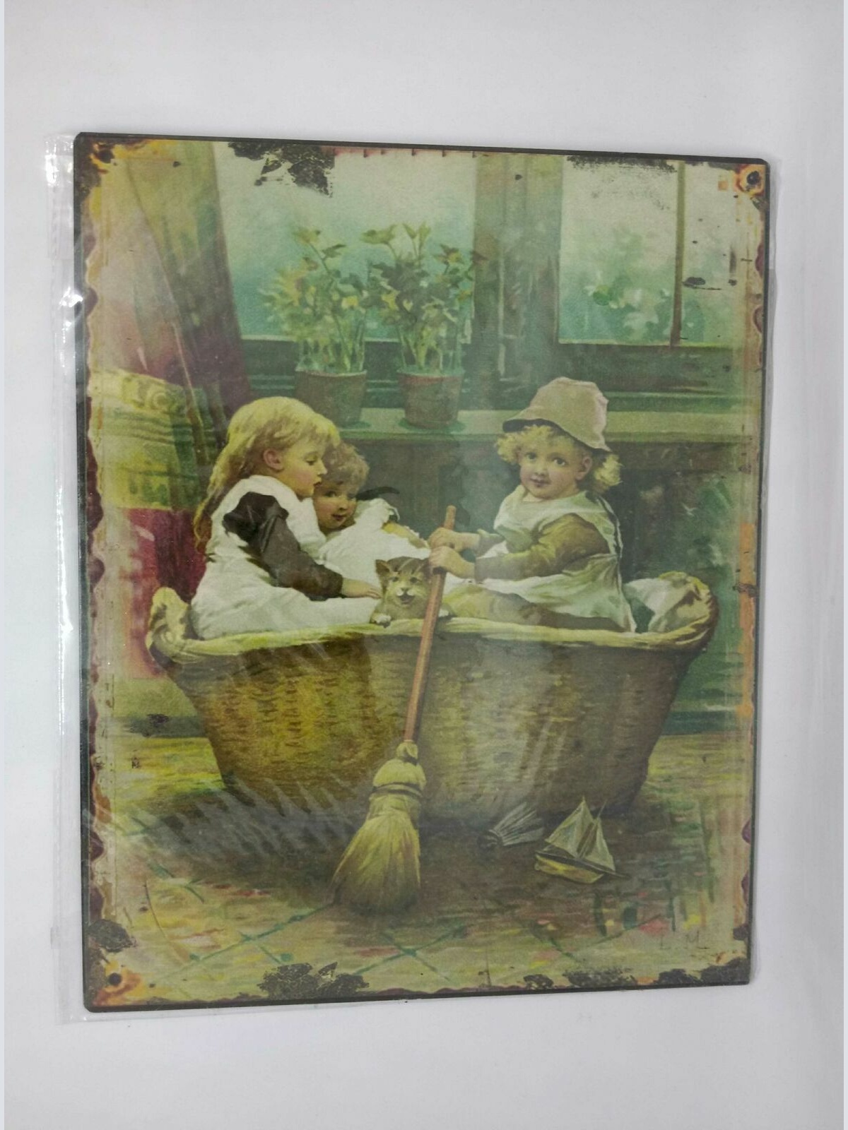 Nostalgie Retro Blechschild Kinder Katze Gemälde 25x20 50344