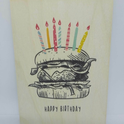 Holzpostkarte magnetisch "Happy Birthday" Burger 14x10 Birkenholz 50284