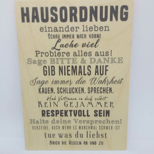 Holzpostkarte magnetisch Hausordnung Spruch s. Bild 14x10 Birkenholz 50292