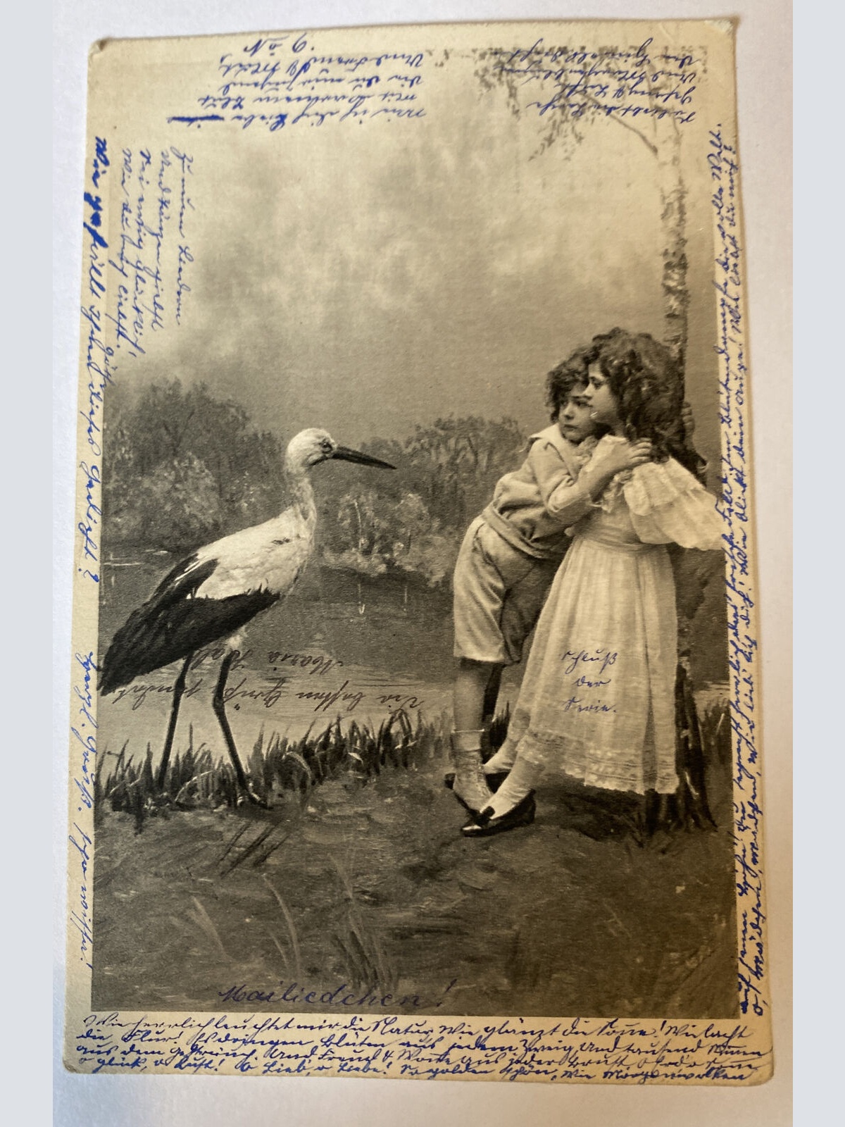 Kinder Junge und Mädchen am See Storch um 1907  84027