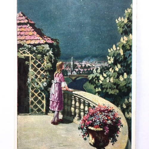 Mädchen blickt auf Stadt - Wohlfahrt Bahnhofsmission - Künstlerkarte 110097 TH