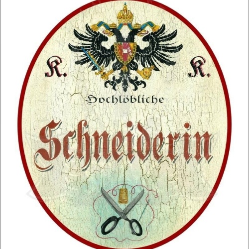 KuK Nostalgie Holzschild - Hochlöbliche Schneiderin - Schere Fingerhut TH